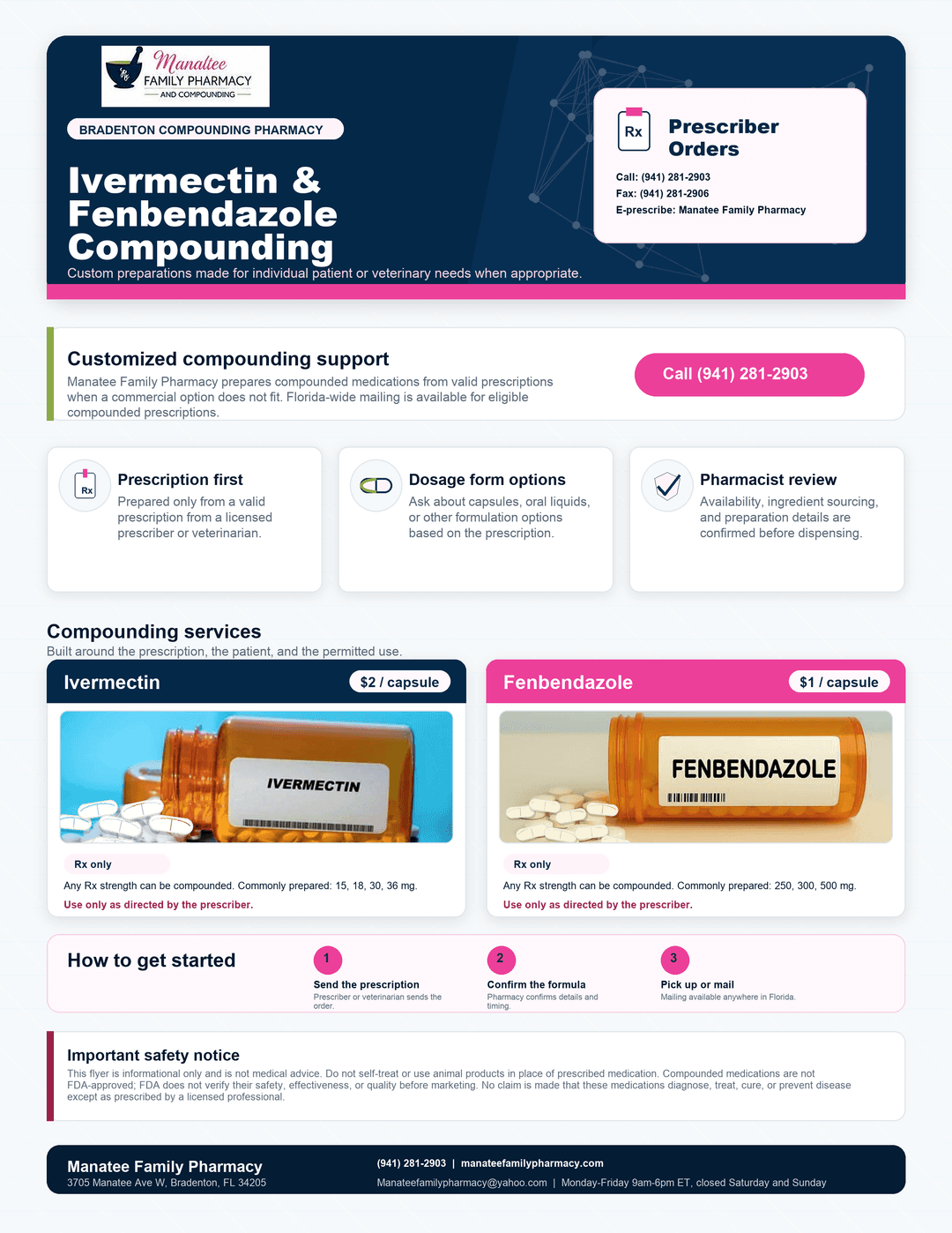 Ivermectin and Fenbendazole compounding flyer from Manatee Family Pharmacy
