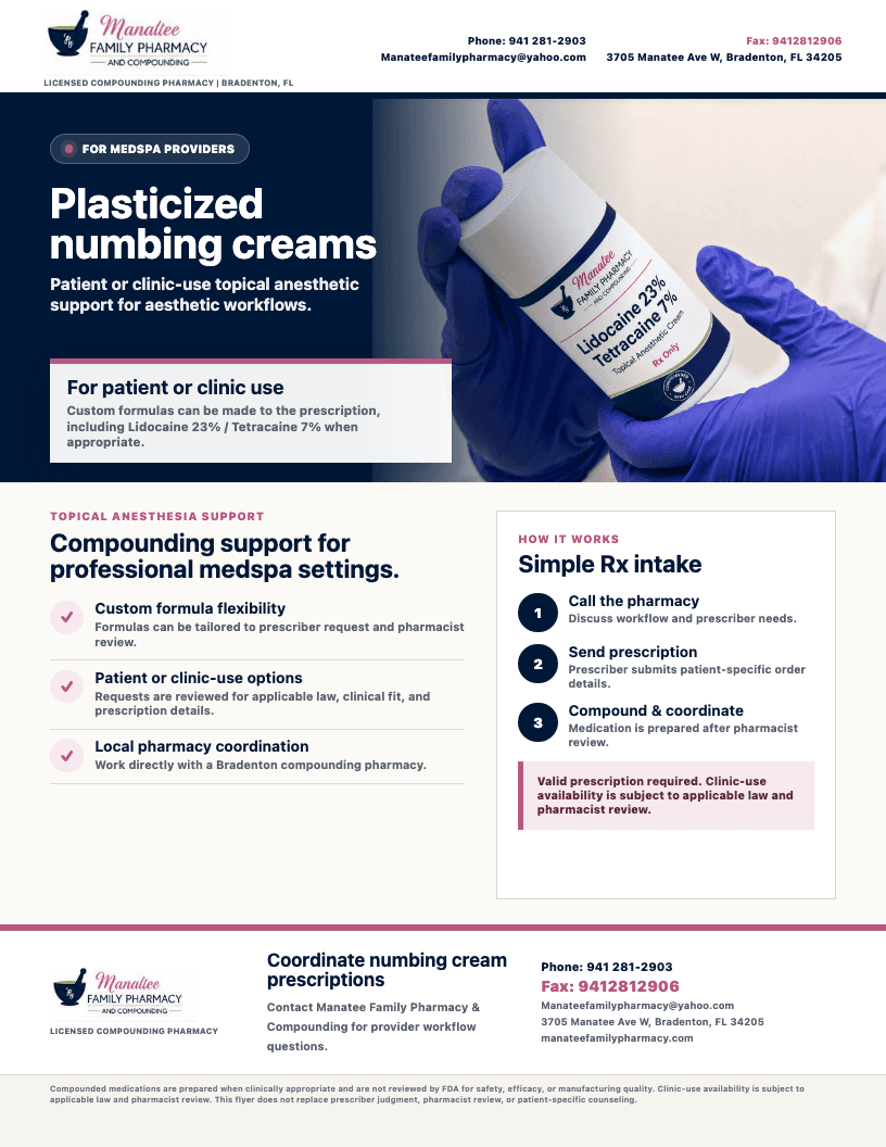 Plasticized numbing cream flyer from Manatee Family Pharmacy